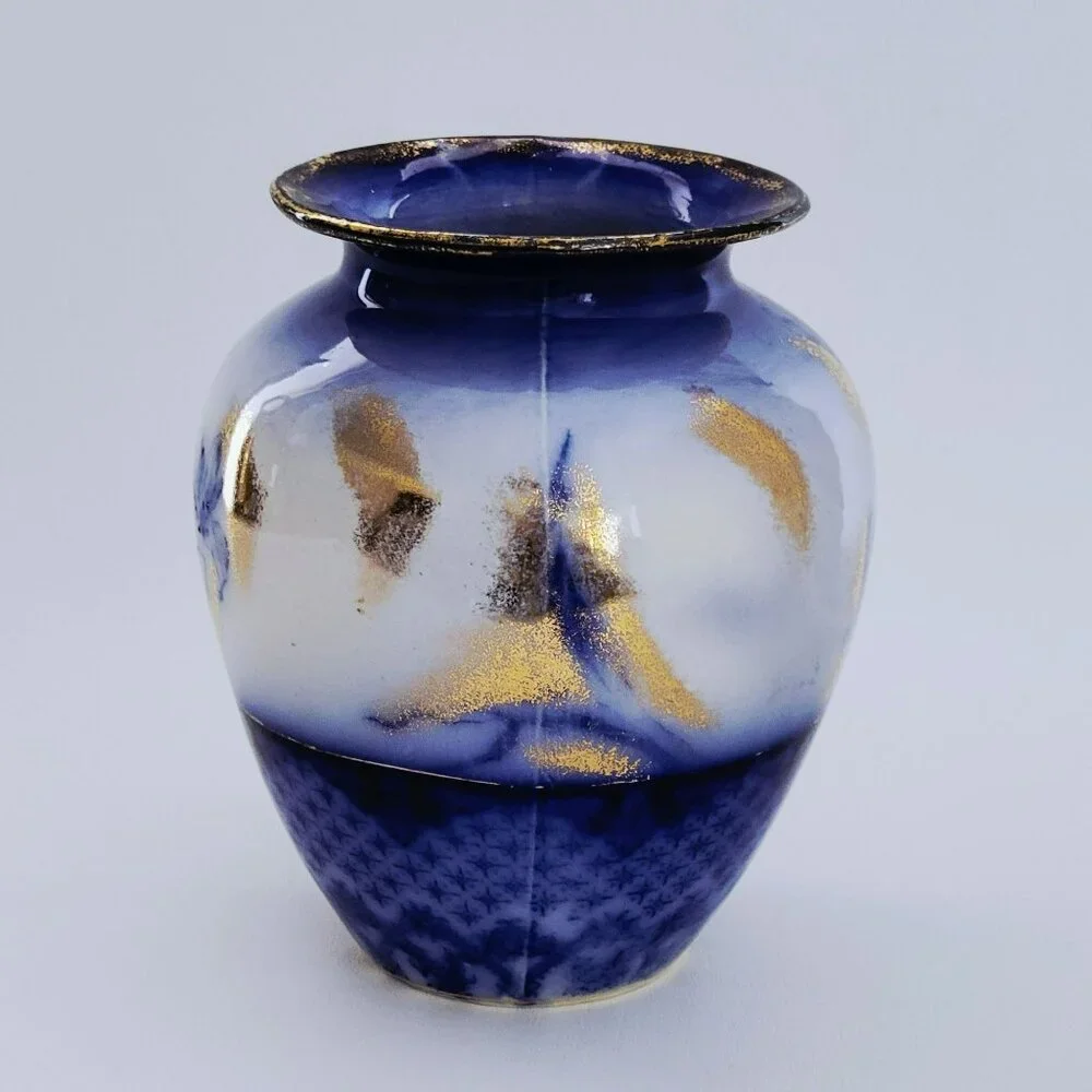 Antique Flow Blue & Gold Vase, IRIS by Edge Malkin Co. c.1891-1903, Rare Vintage